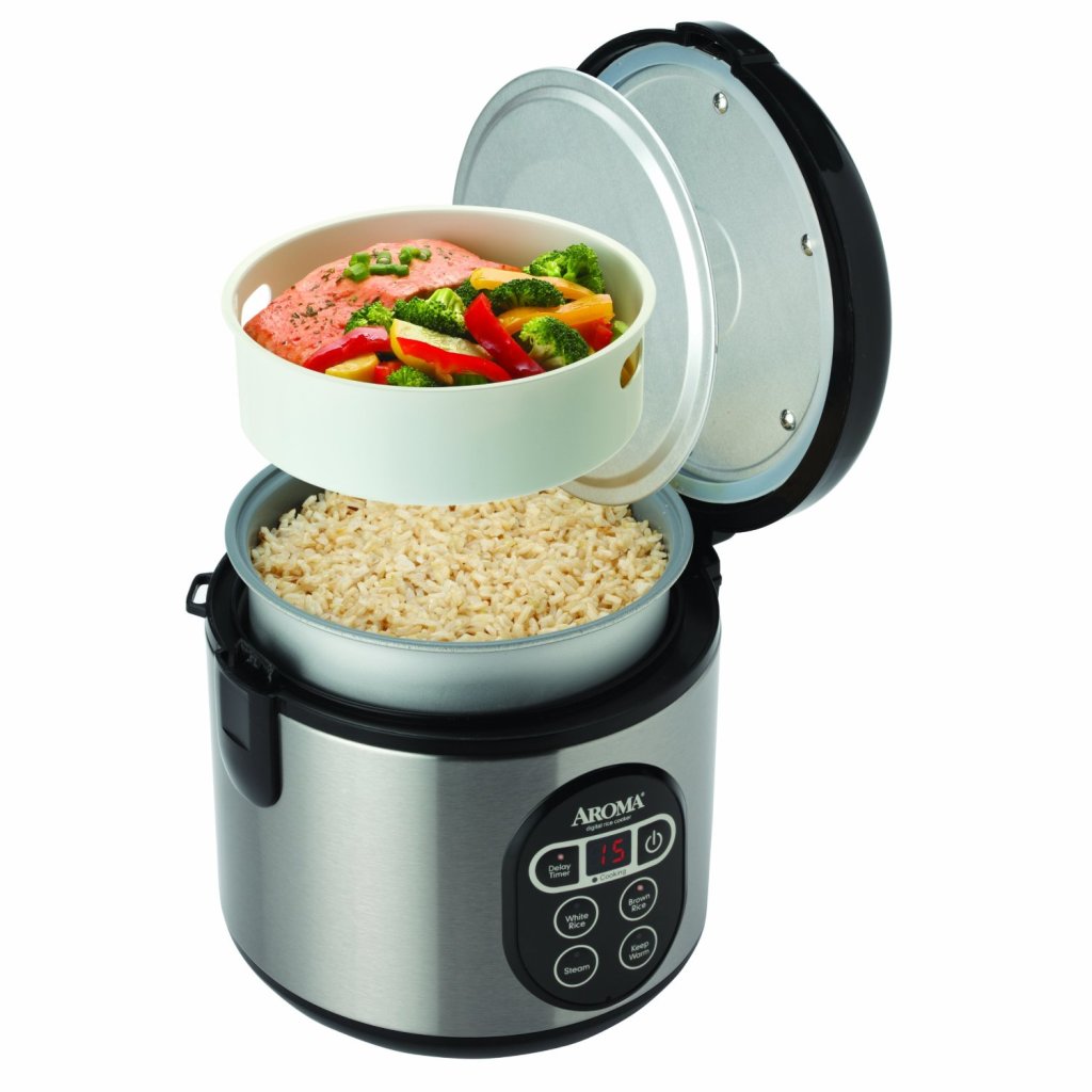 stainless Aroma 8-Cup digital rice cooker food steamer with steam tray