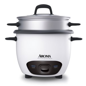 Aroma white 6-cup cooked pot style rice cooker and food steamer for small family