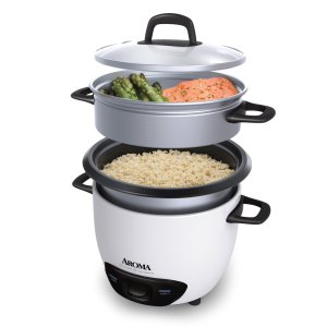 Aroma white 6-cup rice cooker and food steamer basket