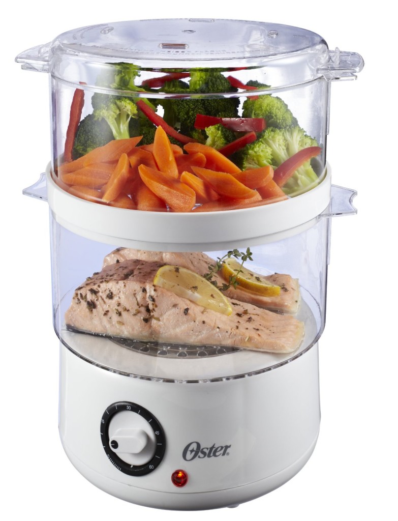 vegetables and fish in Oster CKSTSTMD5-W 5-quart 2 tier food steamer