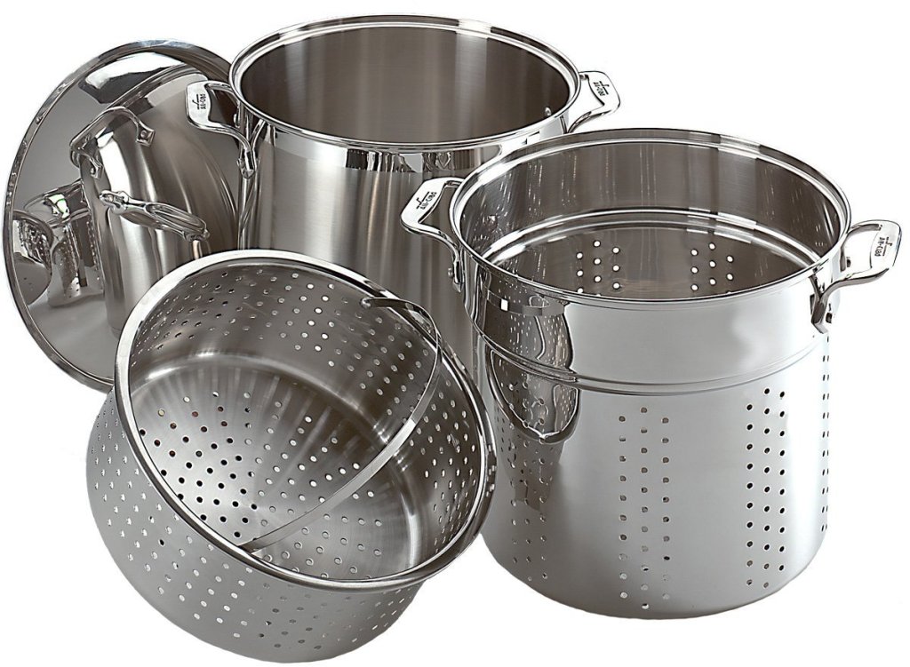 All Clad stainless steel 12-quart stock pot with steamer basket pasta insert