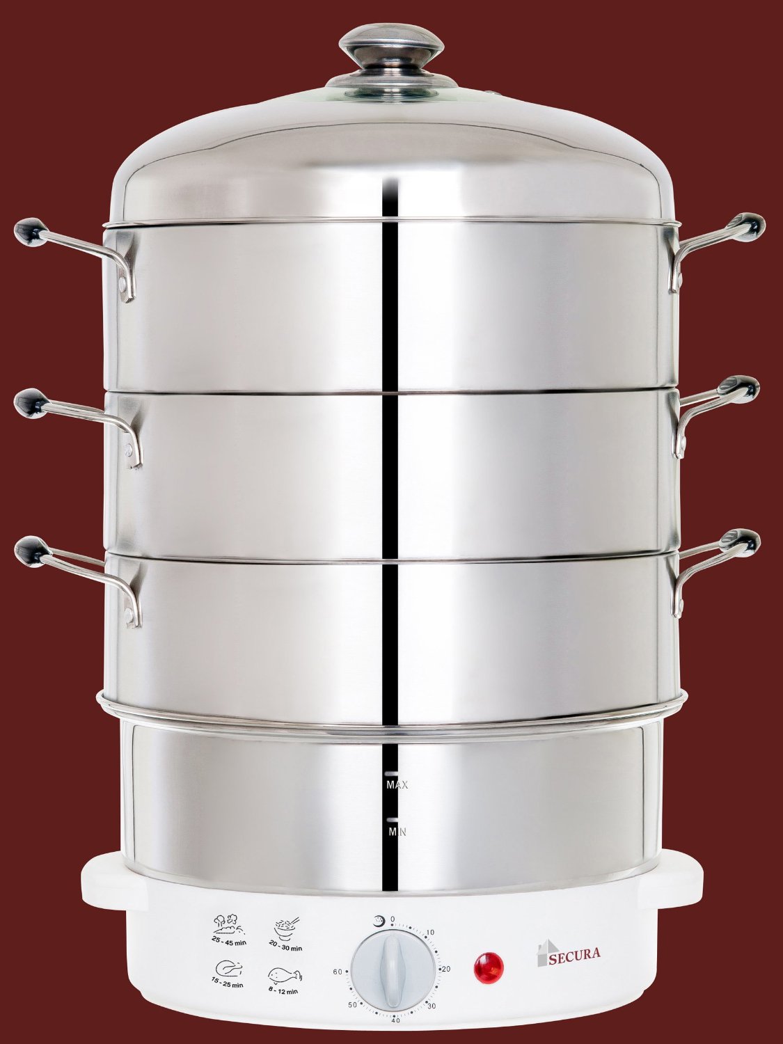 Secura 3-Tier Stainless Steel Food Steamer 6-9 quarts Rice Cooker, w